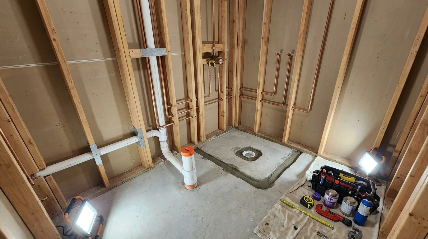 Bathroom rough-in plumbing during remodel by Johns Plumbing LLC in Steeleville