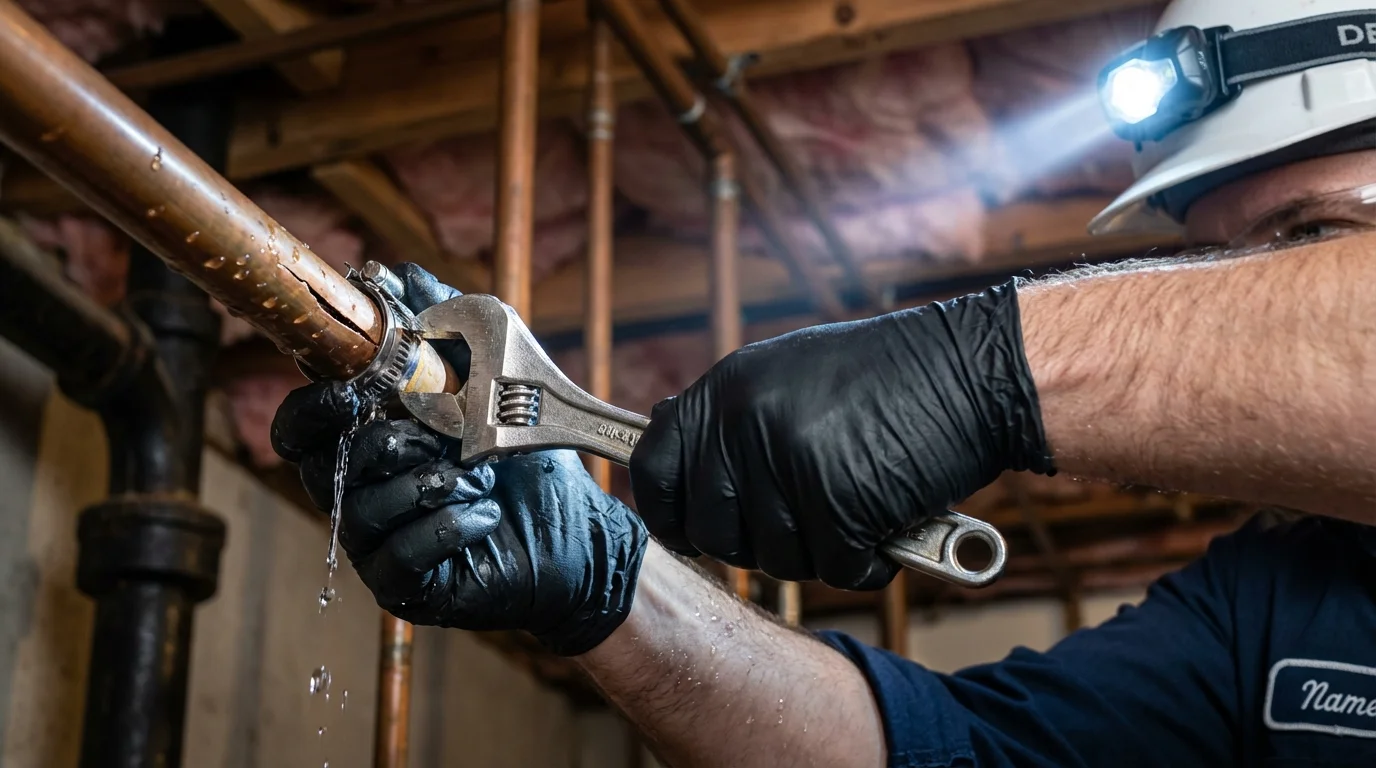 Emergency pipe clamp repair being performed by a Johns Plumbing LLC plumber in Steeleville