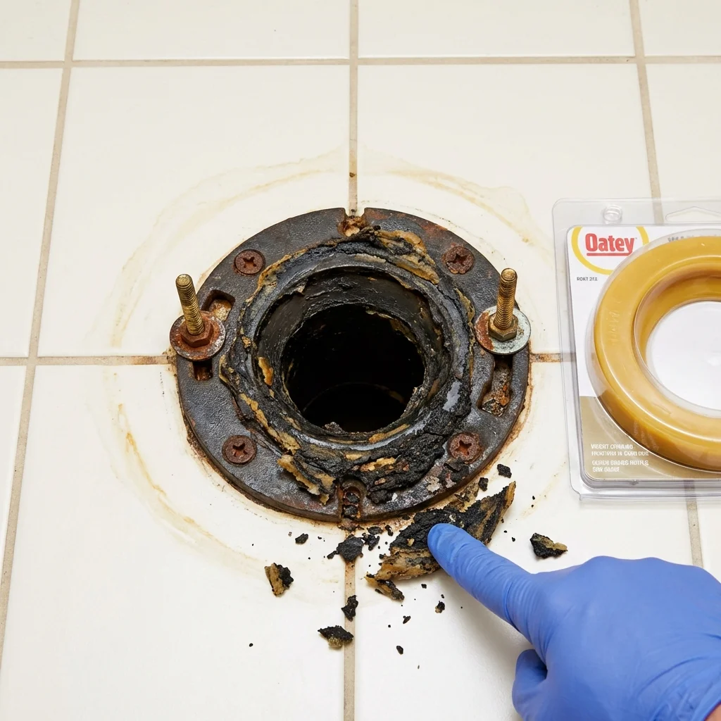 Failed wax ring showing water seepage at the base of a toilet in a Steeleville, IL home