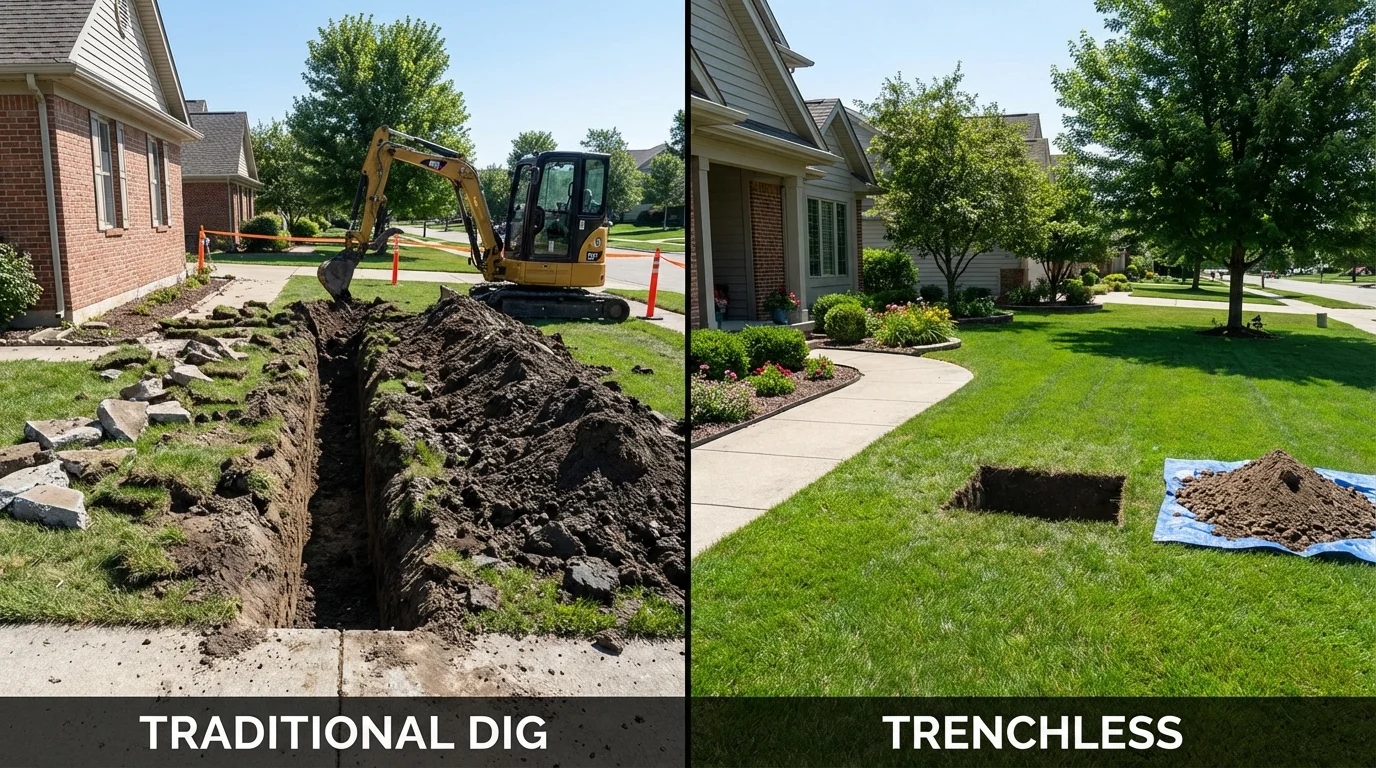 Trenchless sewer repair with minimal yard damage versus traditional excavation in Steeleville, IL