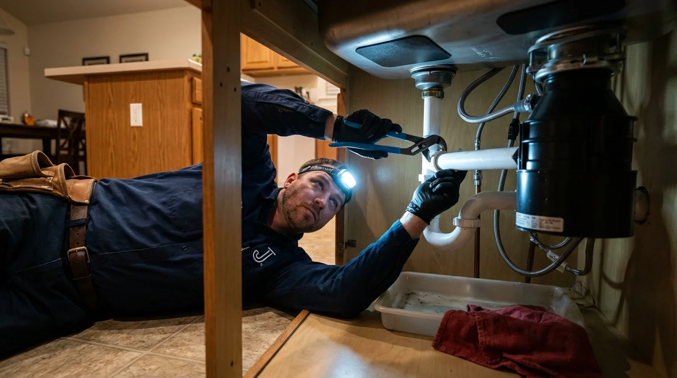 P-trap and supply line connections under a kitchen sink showing a common leak point in Steeleville, IL